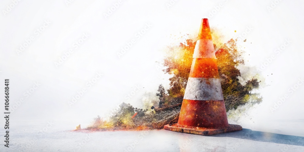 Poster creative double exposure traffic cone with copy space on white background for minimalist design and 