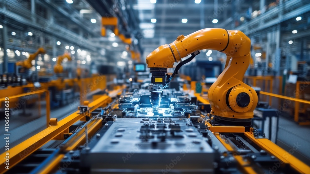 Poster a lone worker on an assembly line is checking parts for accuracy with quality control equipment.