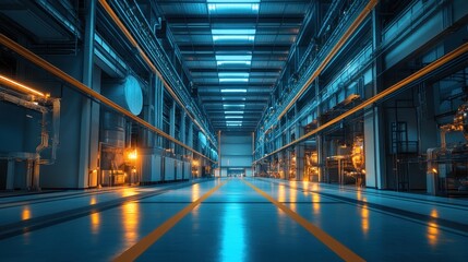 Fototapeta premium A large machinery hall in a power plant, glowing white and blue in the dark, giving off a futuristic feeling.