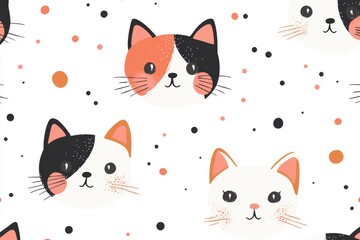 An adorable and happy cartoon cat pattern that has many different colored cats, smiling faces, and laughing faces.