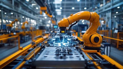 Fototapeta premium A lone worker on an assembly line is checking parts for accuracy with quality control equipment.