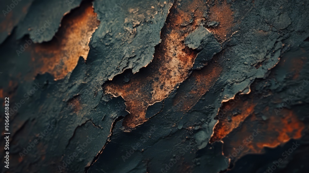 Poster close-up of peeling paint on a rusty surface, showing a textured pattern of dark blue and orange.
