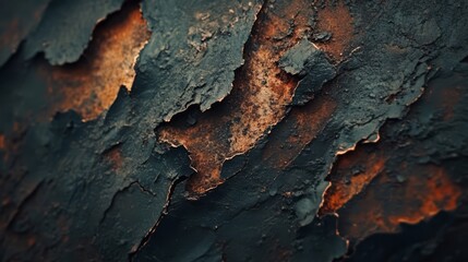 Fototapeta premium Close-up of peeling paint on a rusty surface, showing a textured pattern of dark blue and orange.
