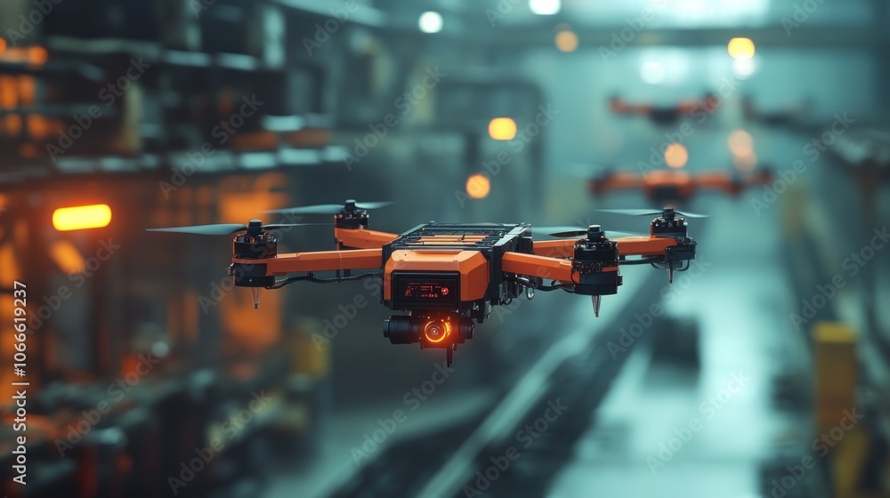 Aufkleber close-up of drones flying to inspect operations in an industrial factory, using ai to assess the sta