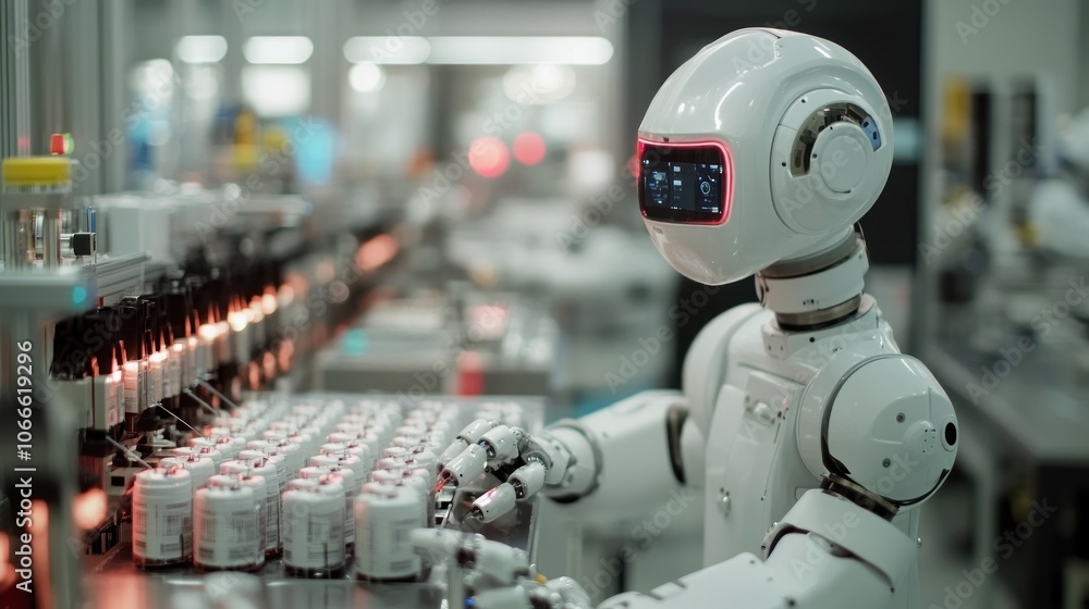 Poster close-up of robots inspecting products on a production line using cameras and ai sensors for real-ti
