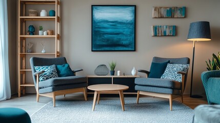 Modern living room with blue accents and wooden furniture