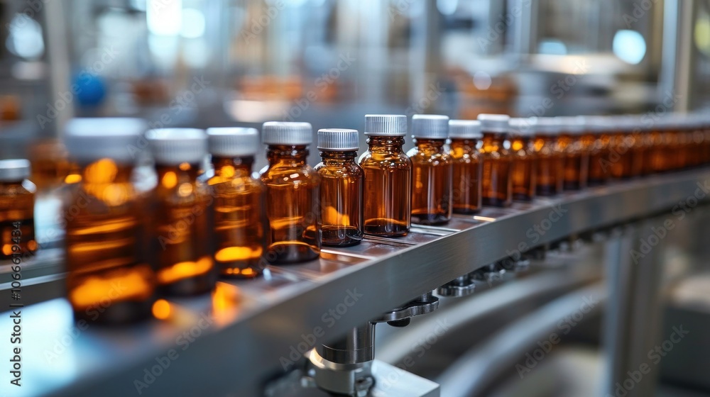 Poster experts are controlling the automatic filling and capping system for pharmaceutical products in bott