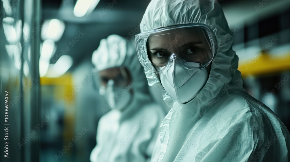 Poster engineers wearing protective gear while working in factory to analyze production system performance