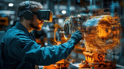 Factory digital twin technology that shows detailed information about equipment and production processes in virtual reality.