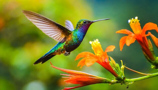 Hummingbird Long-tailed Sylph, Aglaiocercus kingi with orange flower, in flight. Hummingbird from Colombia in the bloom flower, wildlife from tropic jungle
