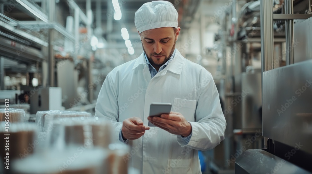 Poster image of production manager checking data on smartphone with intent, standing alone in production ar