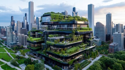 Obraz premium Vibrant urban landscapes featuring green roofs and vertical gardens for sustainable living