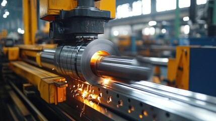 Naklejka premium Large machinery is working in a metal fabrication plant with high automation