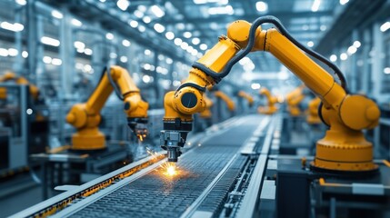 Large industrial robots are welding metal in a modern car factory