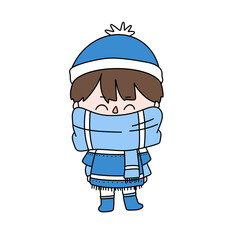 A cartoon boy is wearing a blue hat and a blue scarf