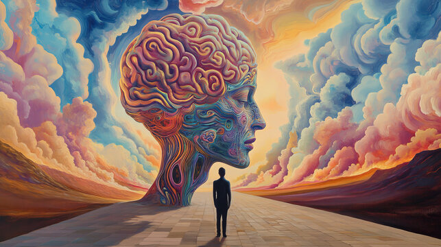 Surreal Brain Landscape: Man Contemplating Consciousness, Dreamlike Oil Painting
