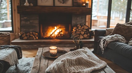Fototapeta premium Cozy Cabin Interior with a Burning Fireplace and a Knit Blanket