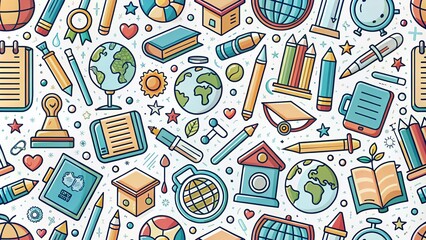 Cute School Background Seamless Pattern Design with Hand-Drawn Icons for Banners and Educational Materials, Ideal for Classroom Decor and Children's Learning Environments