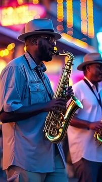 Jazz musicians performance in New Orleans. Vibrant Mardi Gras street parade. Historic French Quarter buildings. Jazz Appreciation Month. Black people heritage. Vertical shot