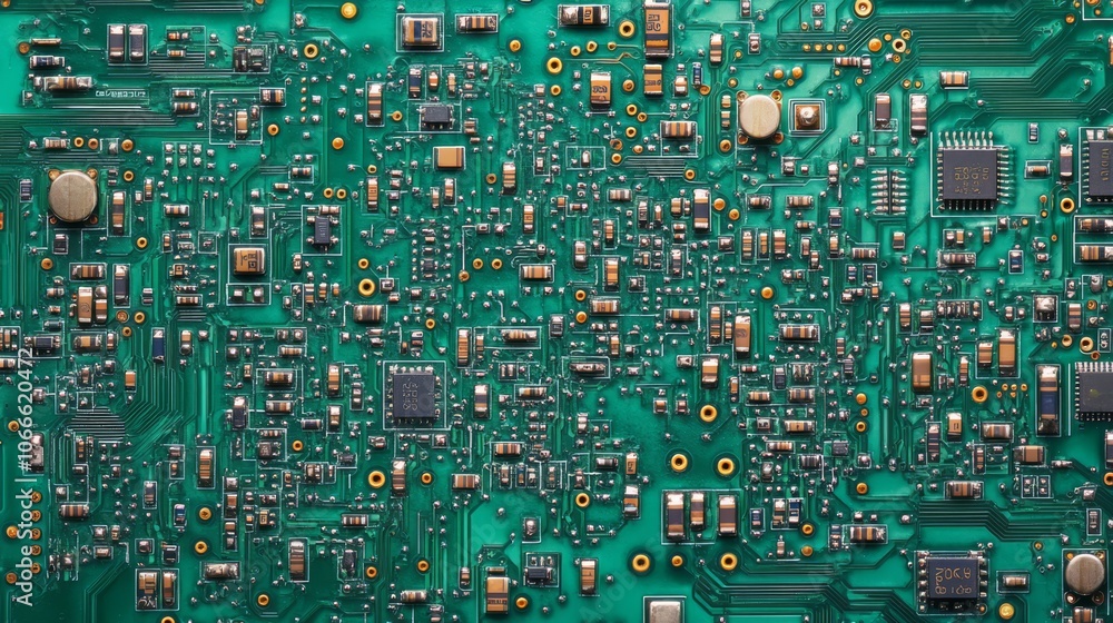 Poster close-up view of a green circuit board with electronic components.