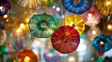 Naklejka premium Colorful Glass Chandelier, Jewel Tones, Hanging Lights, Bokeh, Interior Design