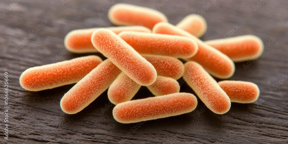 Poster a close-up image of colorful bacteria-shaped objects resting on a wooden surface.