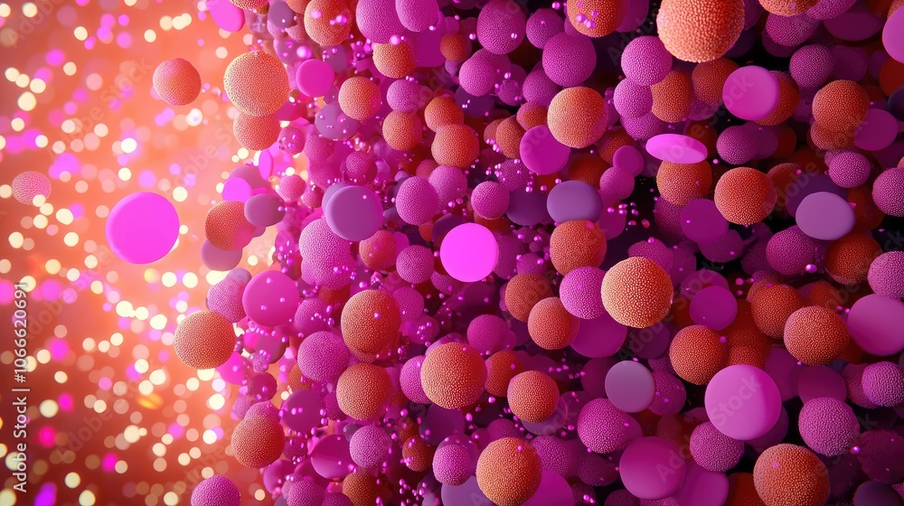 Poster a vibrant display of colorful spheres in pink and orange tones, resembling abstract biological or ce
