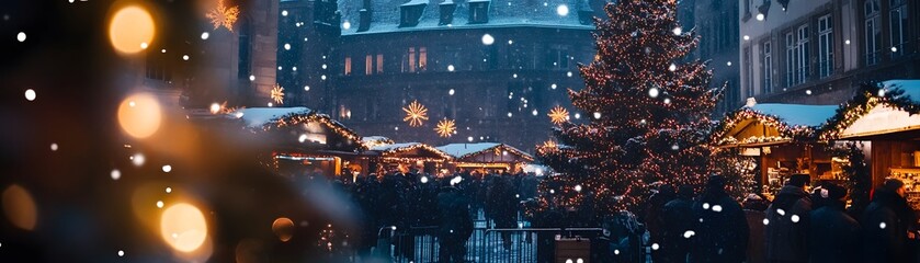 Obraz premium Snowy Christmas Market at Night with Decorated Tree and Festive Lights