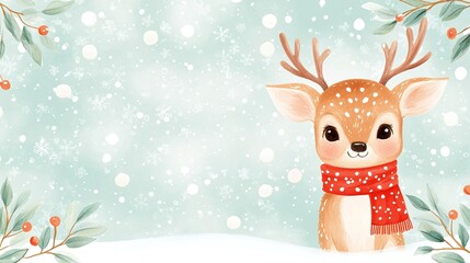 Fototapeta premium A cute deer wearing a red scarf in a snowy landscape, surrounded by festive greenery, perfect for winter-themed designs.