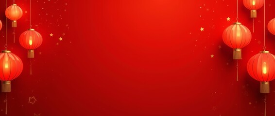 Red Chinese lanterns with golden accents on red background with stars and sparkles. Copy space