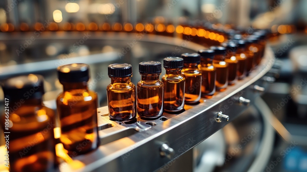 Poster experts are controlling the automatic filling and capping system for pharmaceutical products in bott