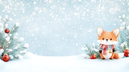 A cute fox in a scarf sits among snowflakes, holiday decorations, and evergreen branches, creating a whimsical winter scene.