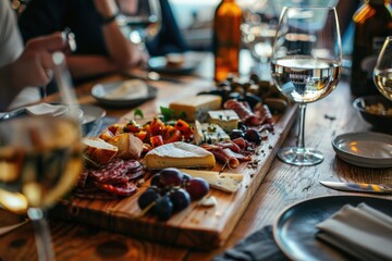 A wooden board with cheese, fruit, and wine for a social gathering or dinner party