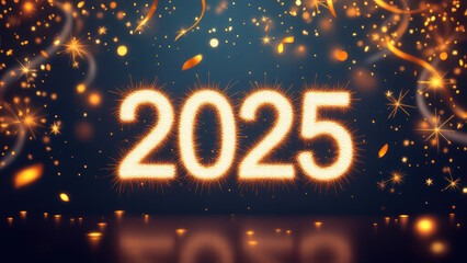 Sparkling 2025 celebration with golden confetti and festive lights