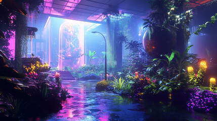 Synthwave Jungle: Bio-Luminescent Garden, Cyberpunk Oasis, Digital Art