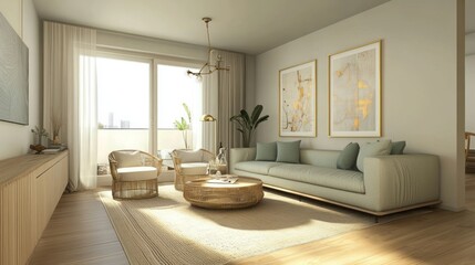 Modern Living Room with Beige and Green Furniture and Gold Accents