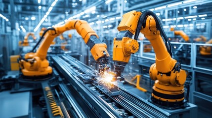 Fototapeta premium Large industrial robots are welding metal in a modern car factory
