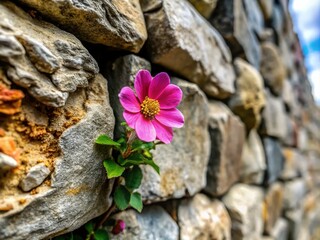 Delicate Flower Blooming on Rustic Stone Wall - Nature's Beauty, Floral Photography, Textured Background, Vintage Aesthetic, Natural Elements, Serenity, Outdoor Decor, Peaceful Scenes,