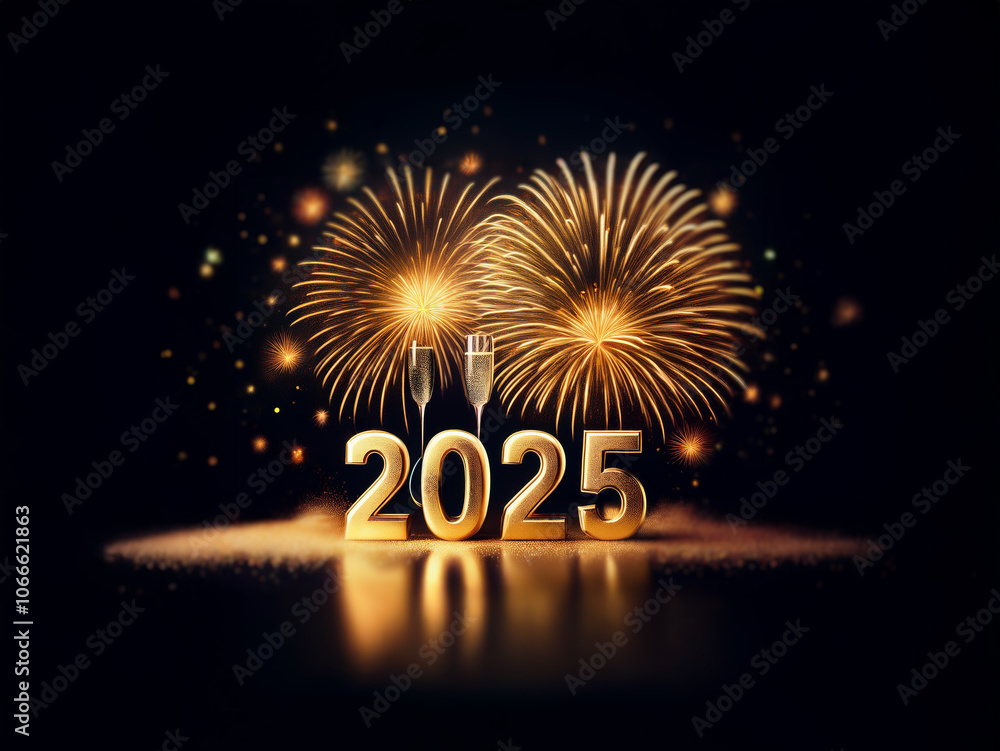 Poster Golden 2025 numerals stand on a reflective surface with sparkling fireworks in the background and two champagne flutes in the foreground.