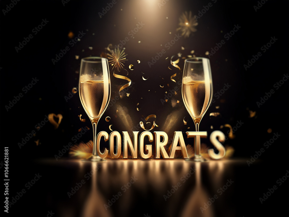 Poster two champagne flutes filled with bubbly stand in front of the word 