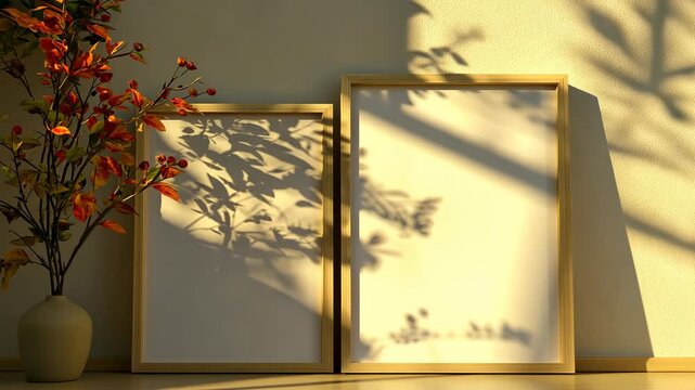 Two blank frames sit on a table with a vase of branches and leaves casting shadows