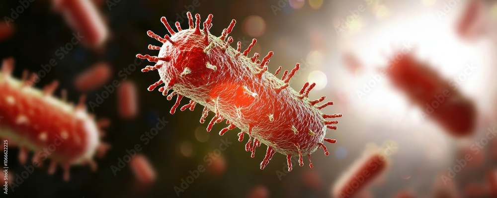 Poster a vibrant depiction of a bacterium, showcasing its distinct shape and surface features, emphasizing 