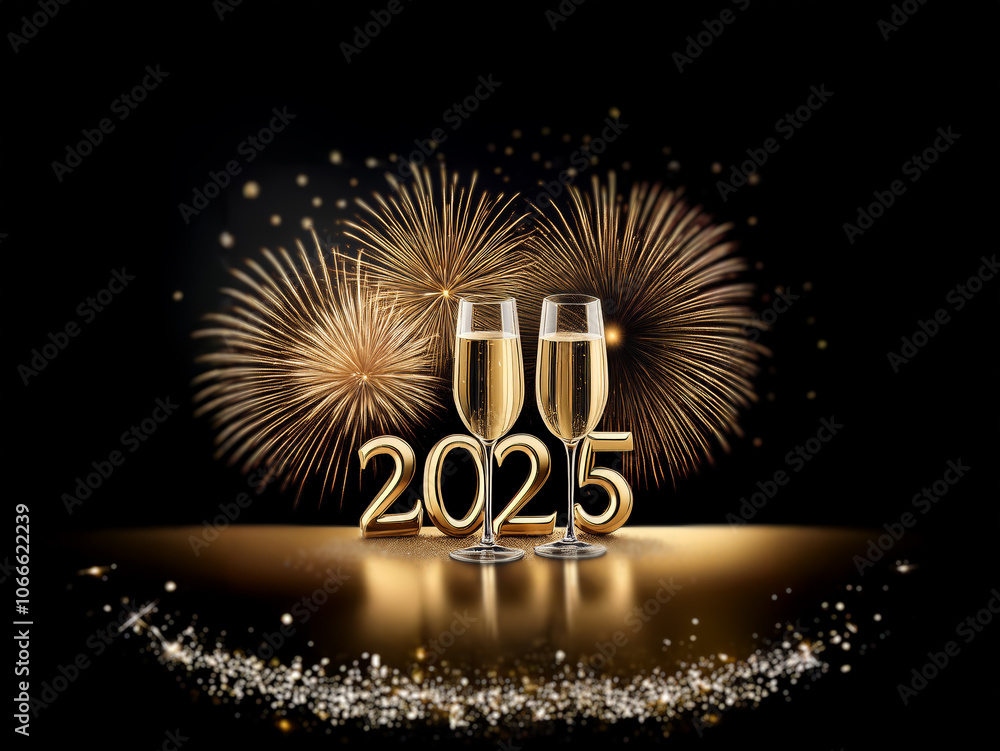 Poster two champagne flutes filled with golden liquid sit in front of a sparkling gold 