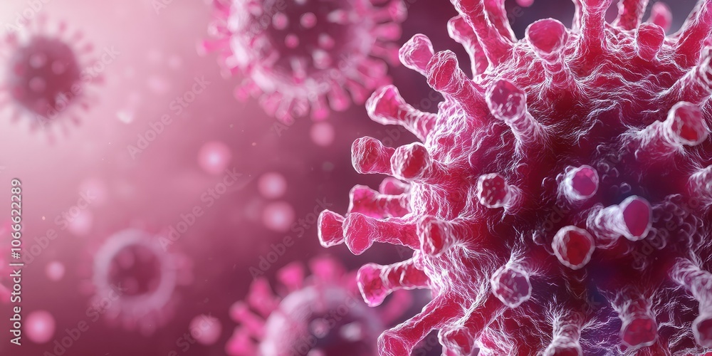 Poster a close-up image of a virus, displaying intricate details of its structure against a pink background