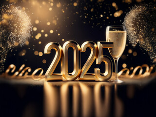 A golden "2025" sits in front of a champagne flute, surrounded by sparkling confetti and a dark background.