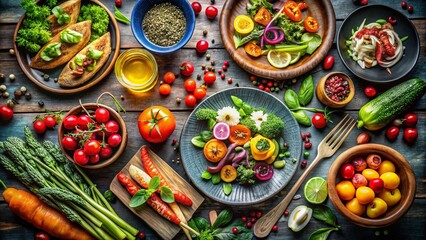 Fototapeta premium Delicious Gourmet Spread Featuring Fresh Ingredients, Colorful Vegetables, and Exquisite Presentation for Food Photography Lovers