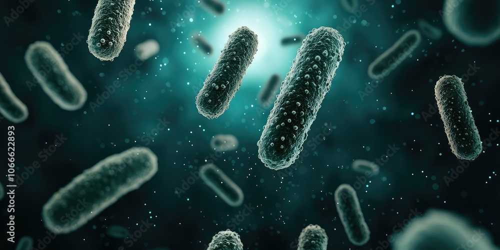 Poster a visual representation of microscopic bacteria floating in a dark, atmospheric setting illuminated 