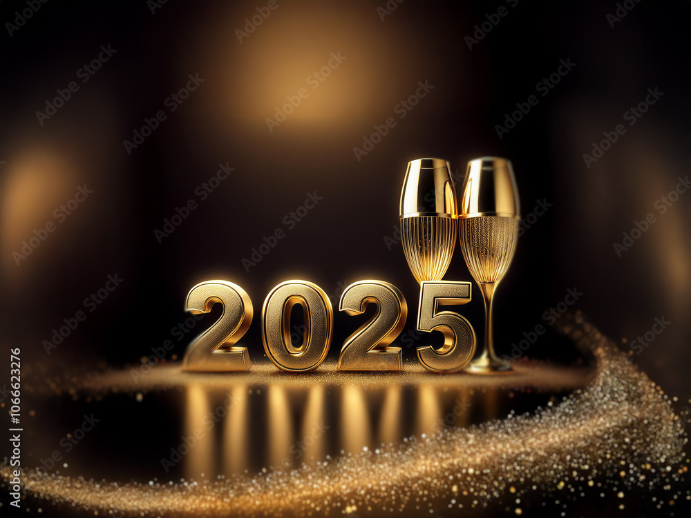 Poster the numbers 2025 are in gold with a sparkle effect. two gold champagne glasses are behind the number