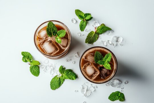 Refreshing cold brew coffee with ice cubes and fresh ingredients, perfect for a summer pick-me-up.