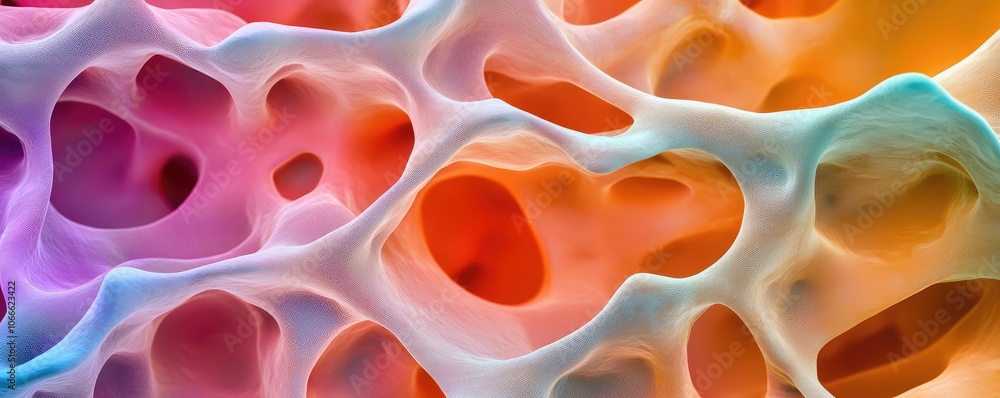 Poster vibrant, colorful cellular structure with intricate patterns and voids, resembling a microscopic vie